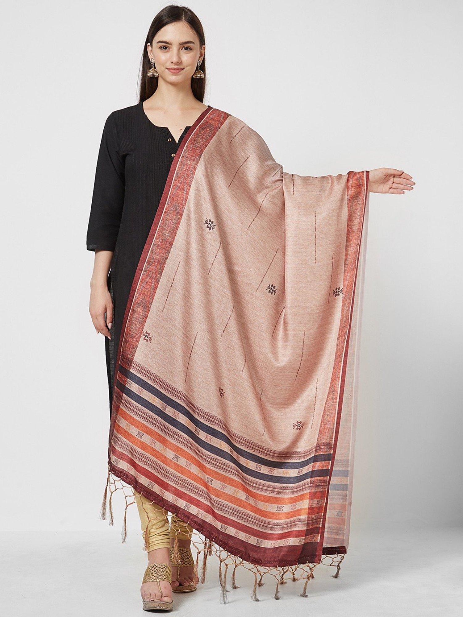 Saree Mall Beige Woven Pattern Dupatta