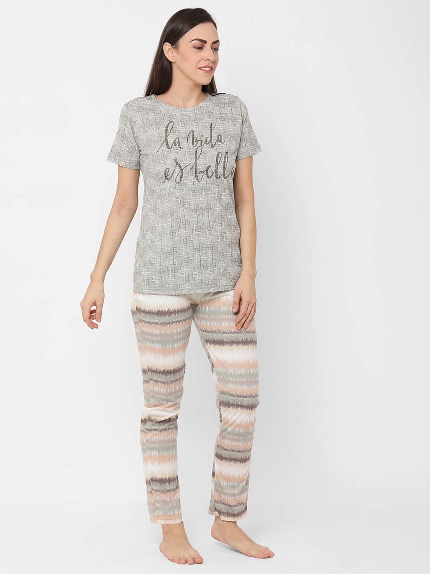 Sweet Dreams Grey Cotton Printed T-Shirt Pyjama Set
