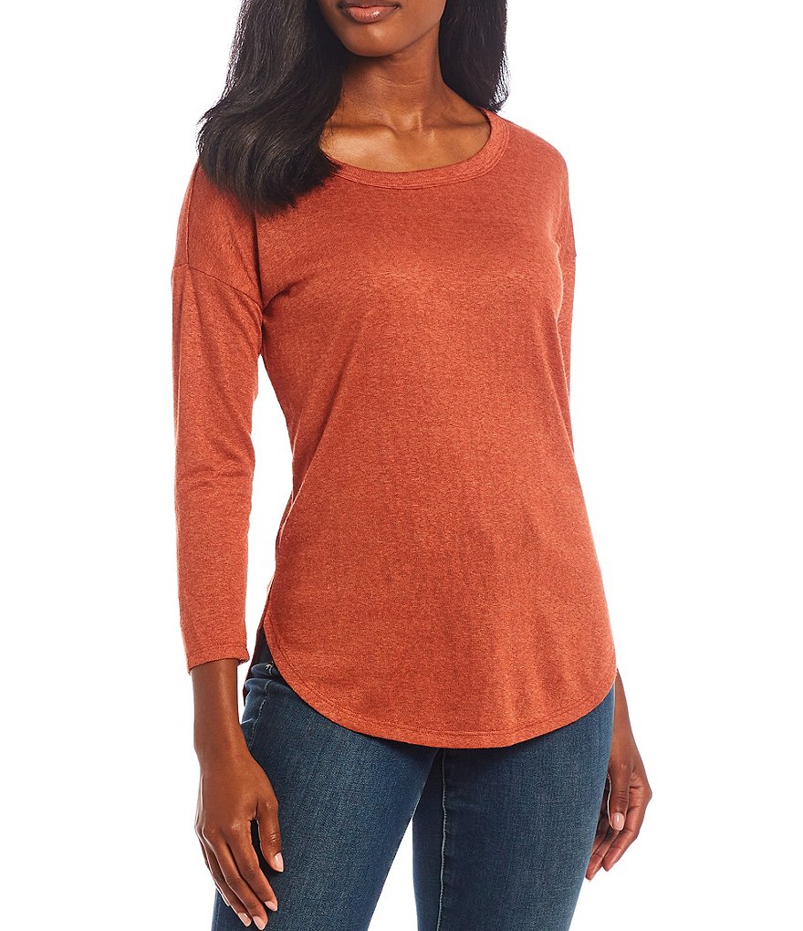 Bobeau Slub Knit Round Neck 3/4 Sleeve Hi-Low Top