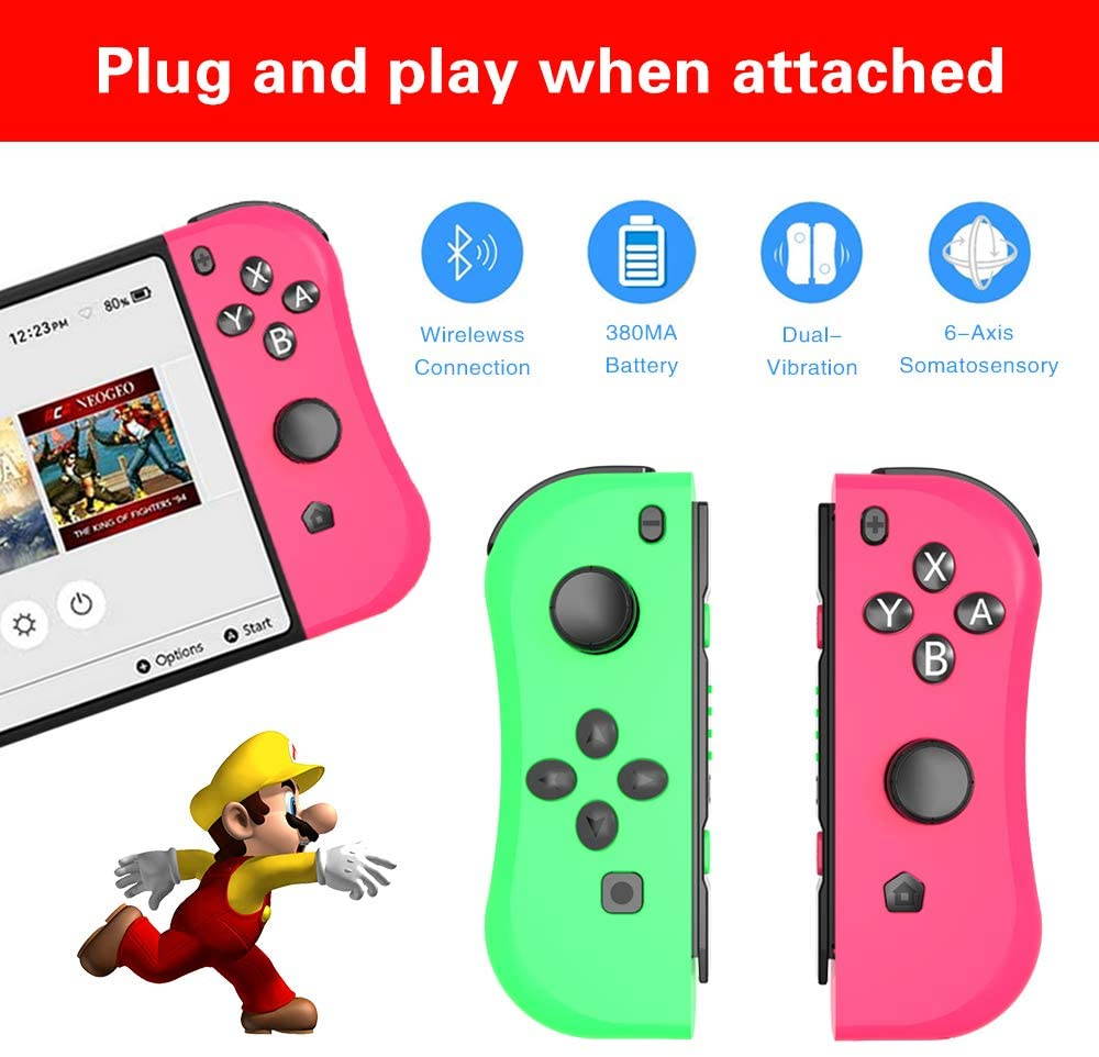 Joy Con Controller Replacement Campatiable for Nintendo Switch - Left and Right Neon Joycon Pad with Wrist Strap, Alternatives for Nintendo Switch Controllers, Wired/Wireless L/R Switch Remotes