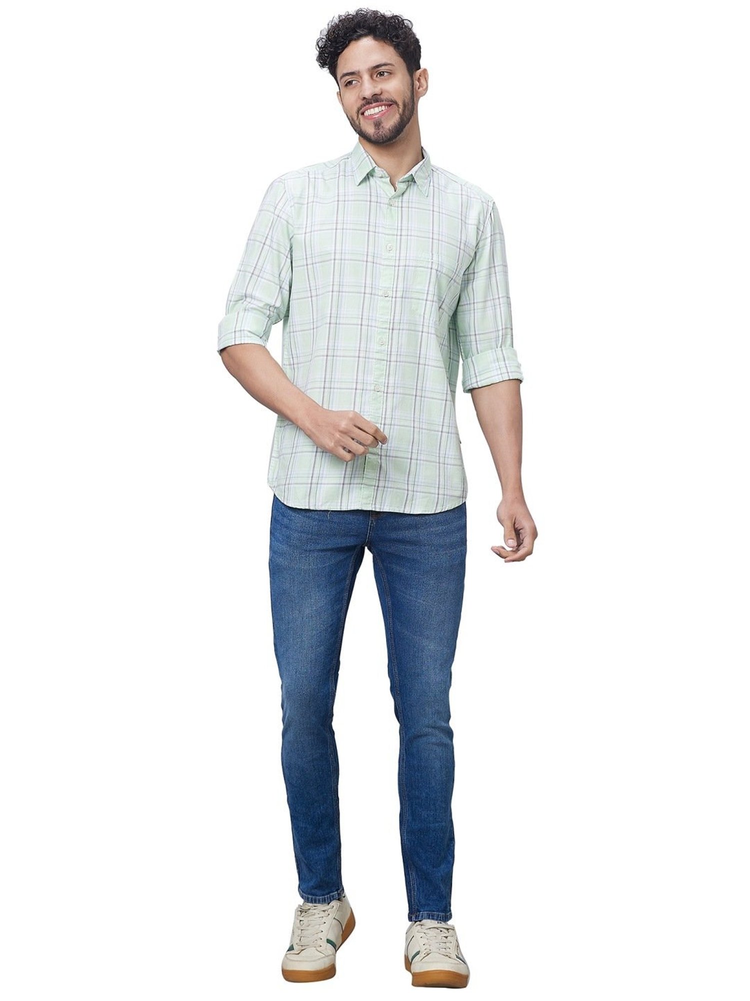 Parx Light Green Cotton Slim Fit Checks Shirt