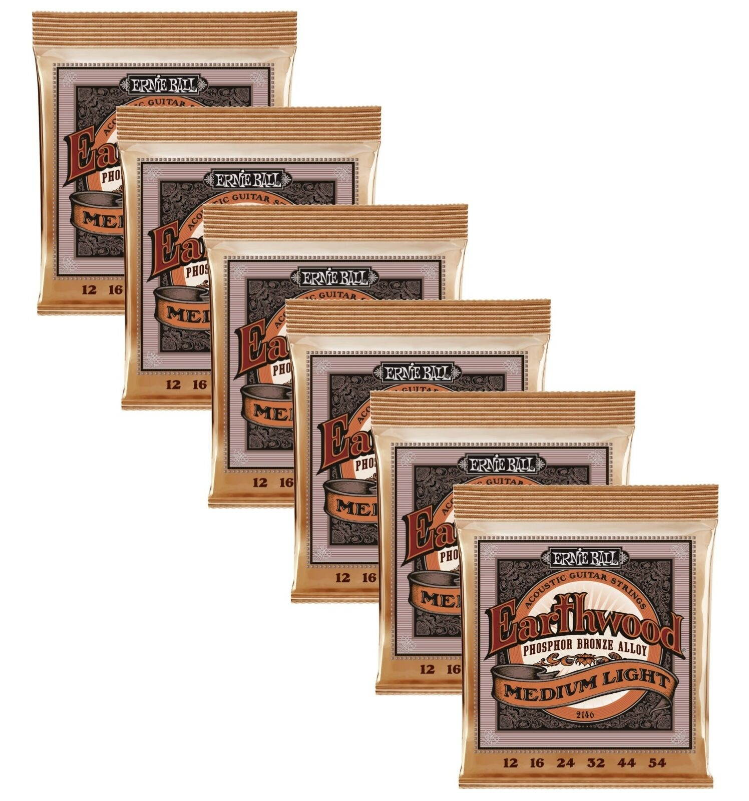 6 PACK Ernie Ball 2146 Acoustic Phosphor Bronze Guitar Strings (12-54)