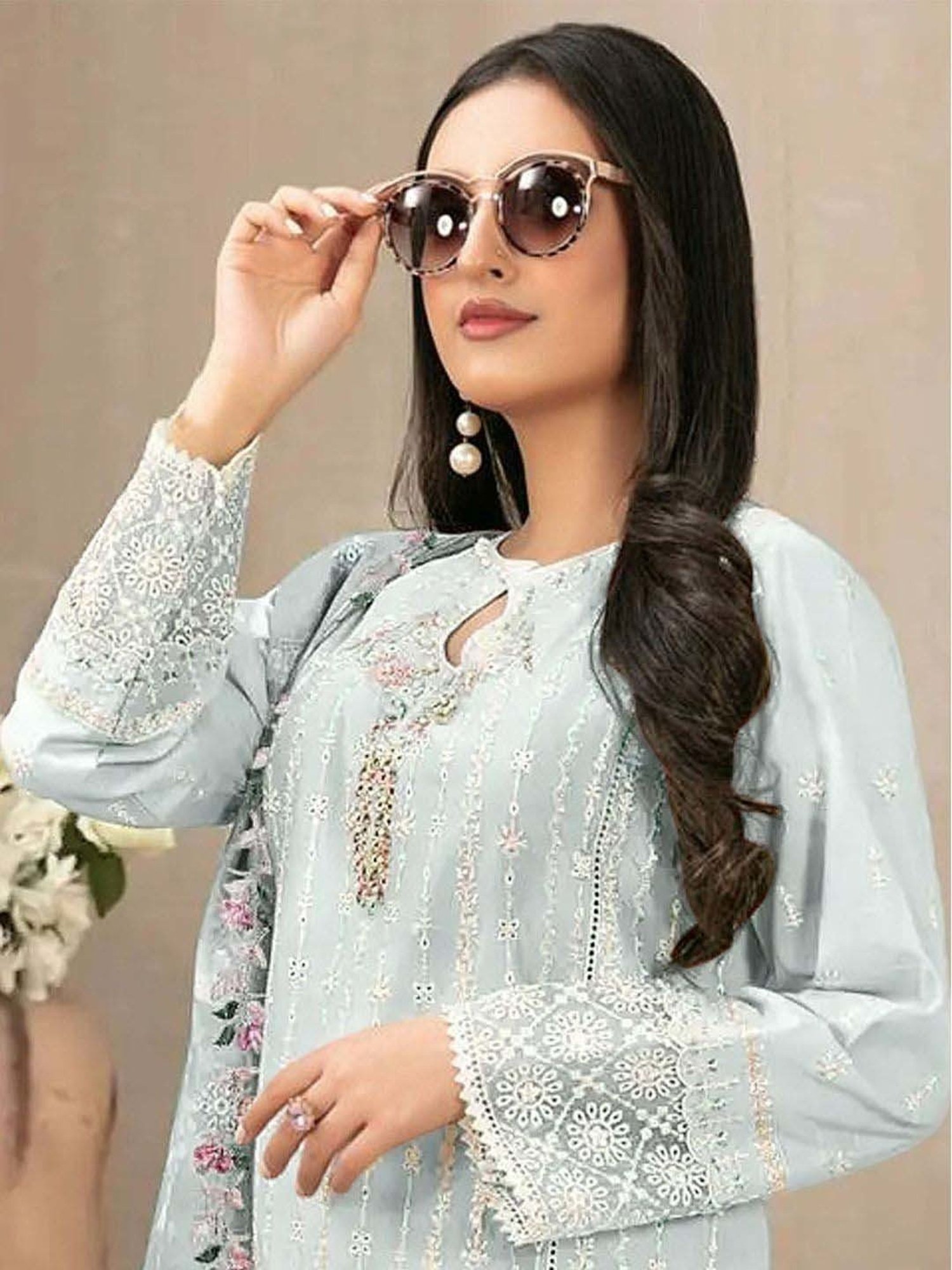 Odette Blue Embroidered Semi Stitched Dress Material