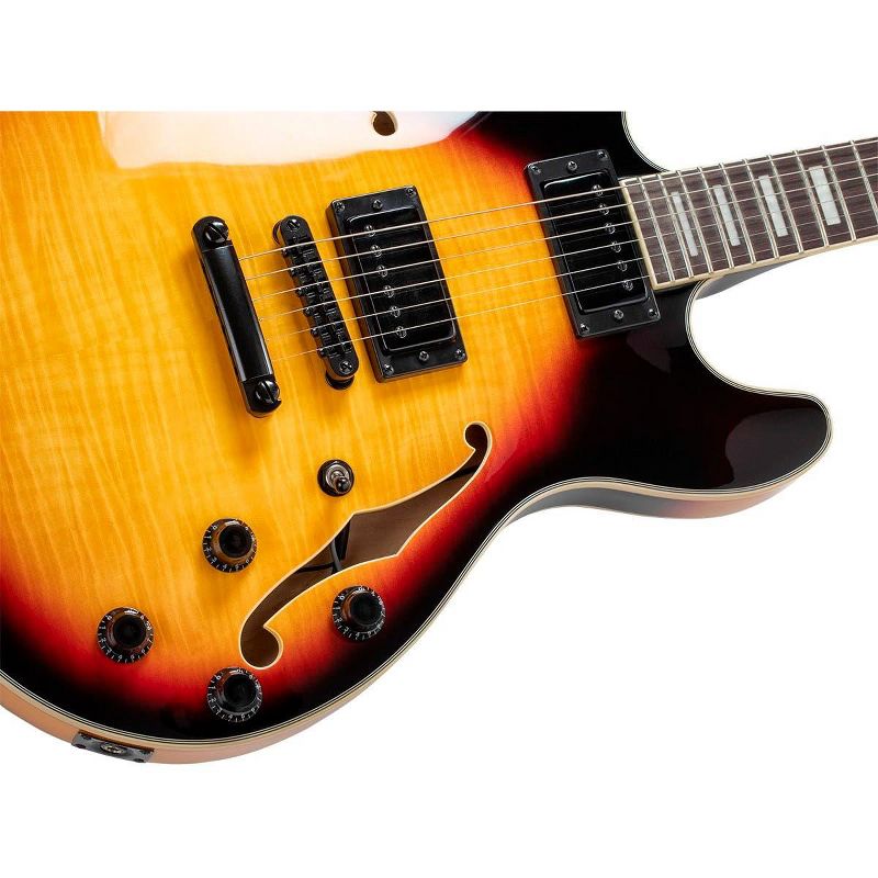 Monoprice Indio Boardwalk Flamed Maple Hollow Body Electric Guitar - Sunburst, With Gig Bag