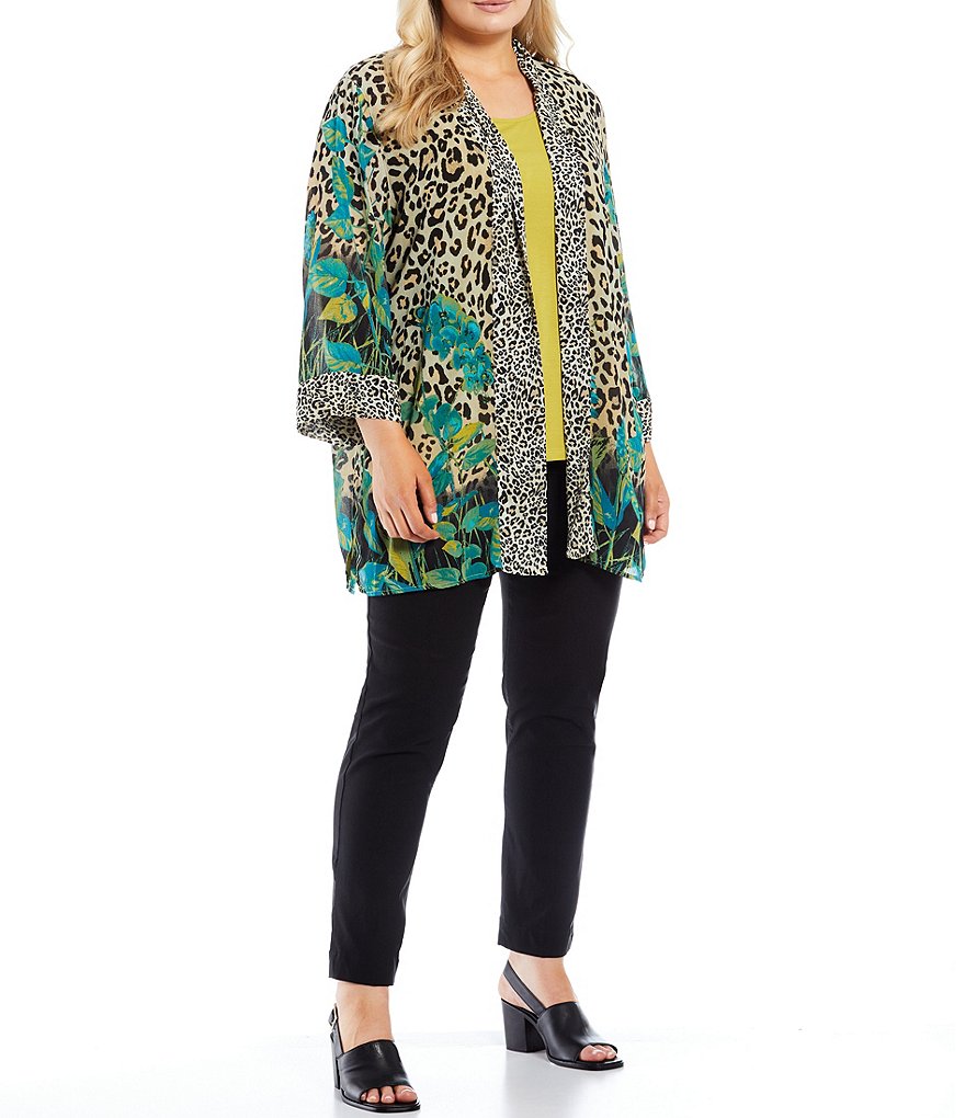 Multiples Plus size Cheetah-Leaves Print Shawl Collar 3/4 Sleeve Open-Front Kimono Jacket