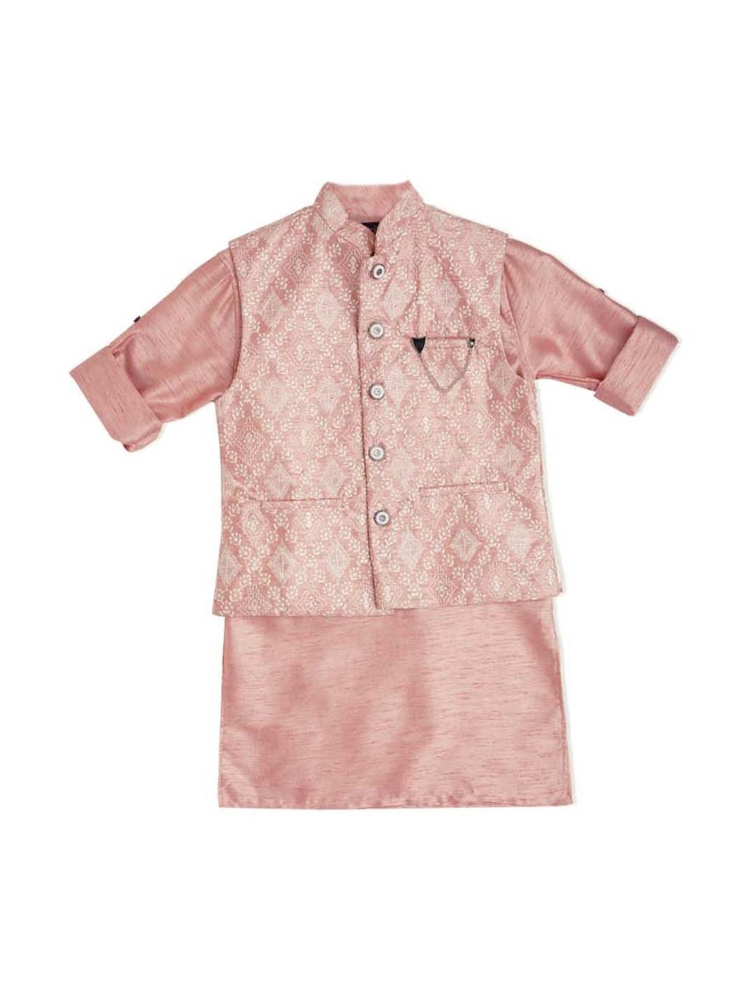 Cavio Kids Pink Cotton Embroidered Full Sleeves Kurta Set