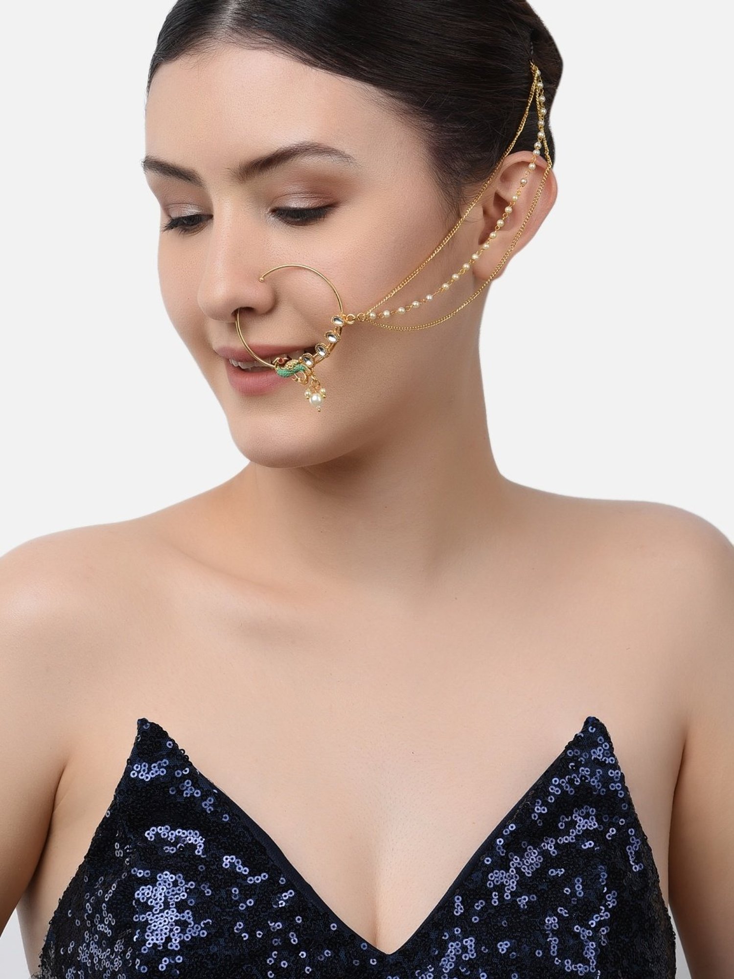 Zaveri Pearls Green Meenakari Peacock Inspired Chain Linked Bridal Nath-ZPFK10488