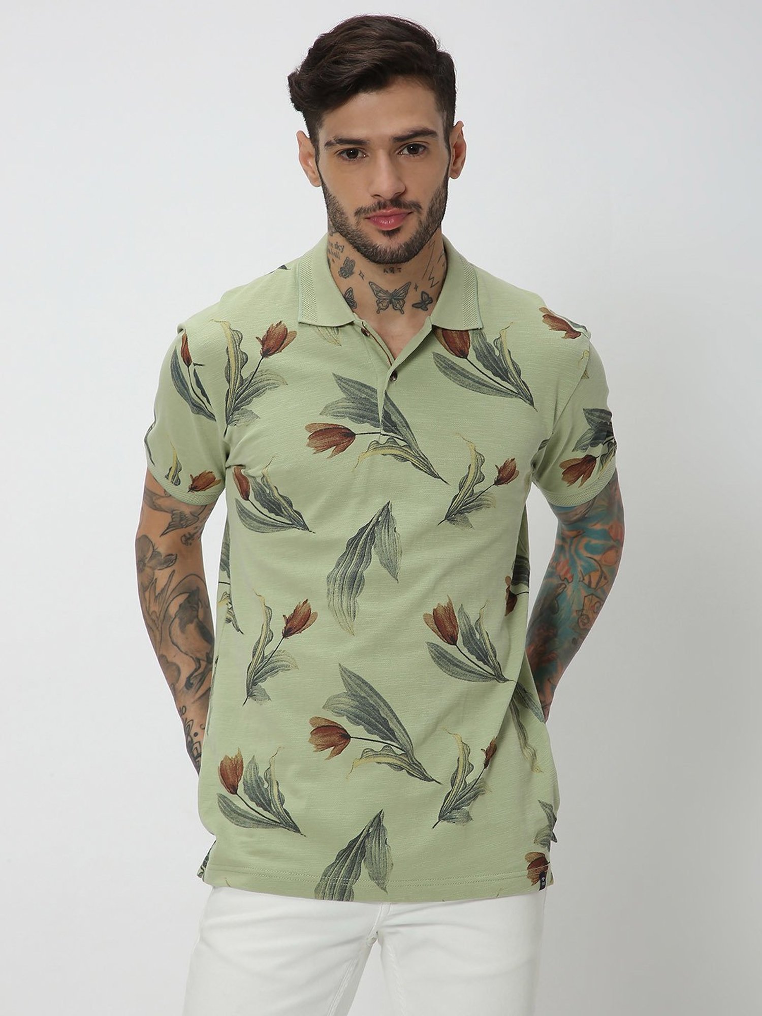 Mufti Light Olive Slim Fit Floral Print Cotton Polo T-Shirt