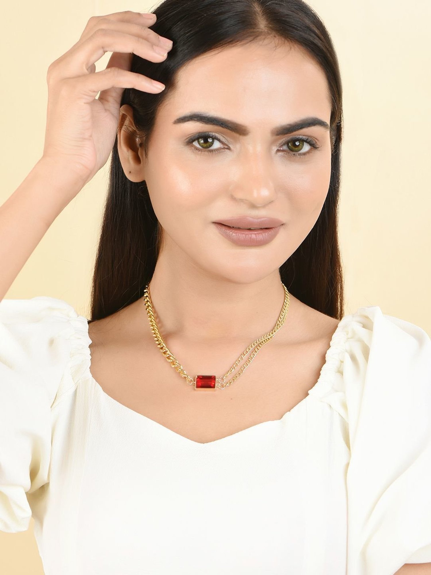 Toniq Red Gold-Plated Shape Colour Stone Party Wear Choker Necklace for Women