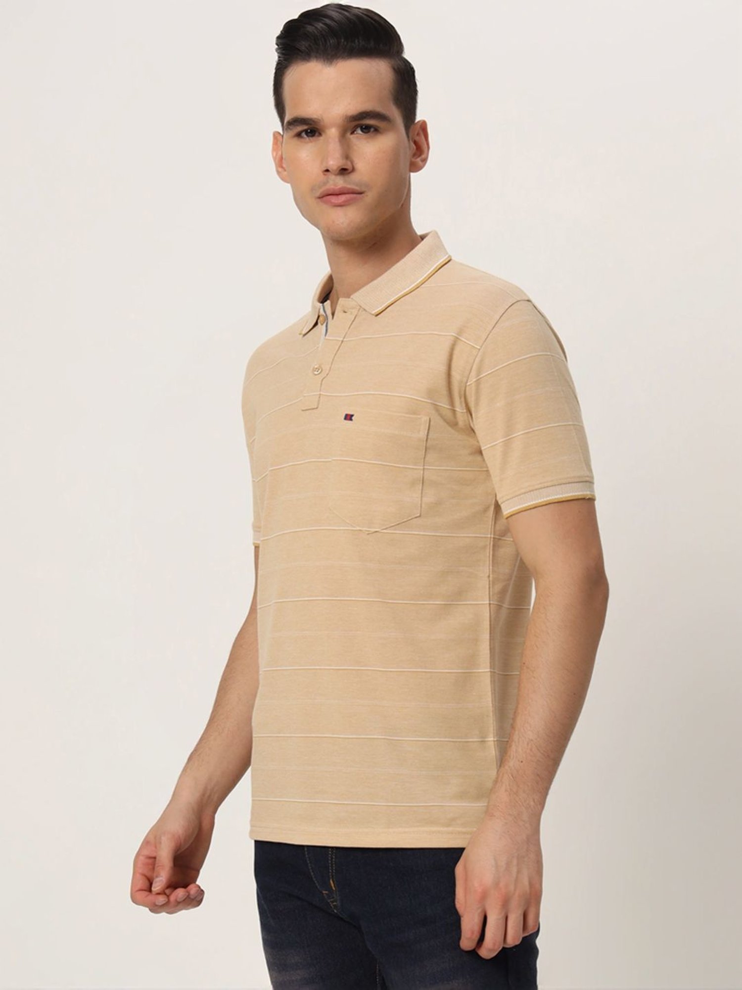 Tab91 Beige Regular Fit Striped Polo T-Shirts