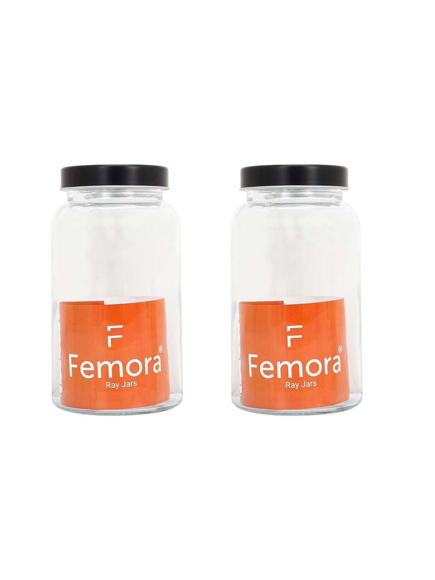 Femora Transparent Glass Storage Jar With Black Lid (1.5 L) - Set of 2
