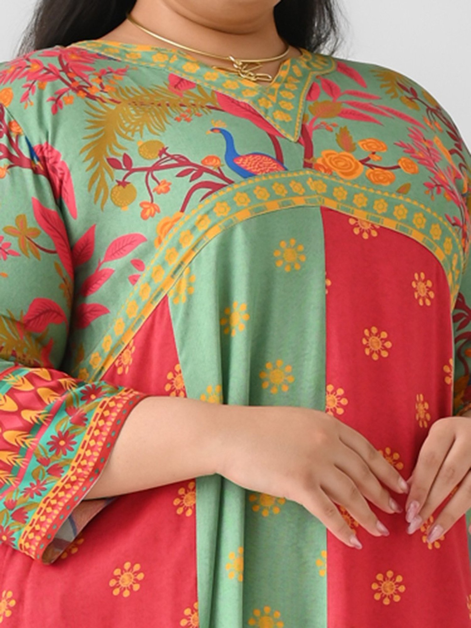 Rustorange Turquoise & Maroon Color-Block Ethnic Dress