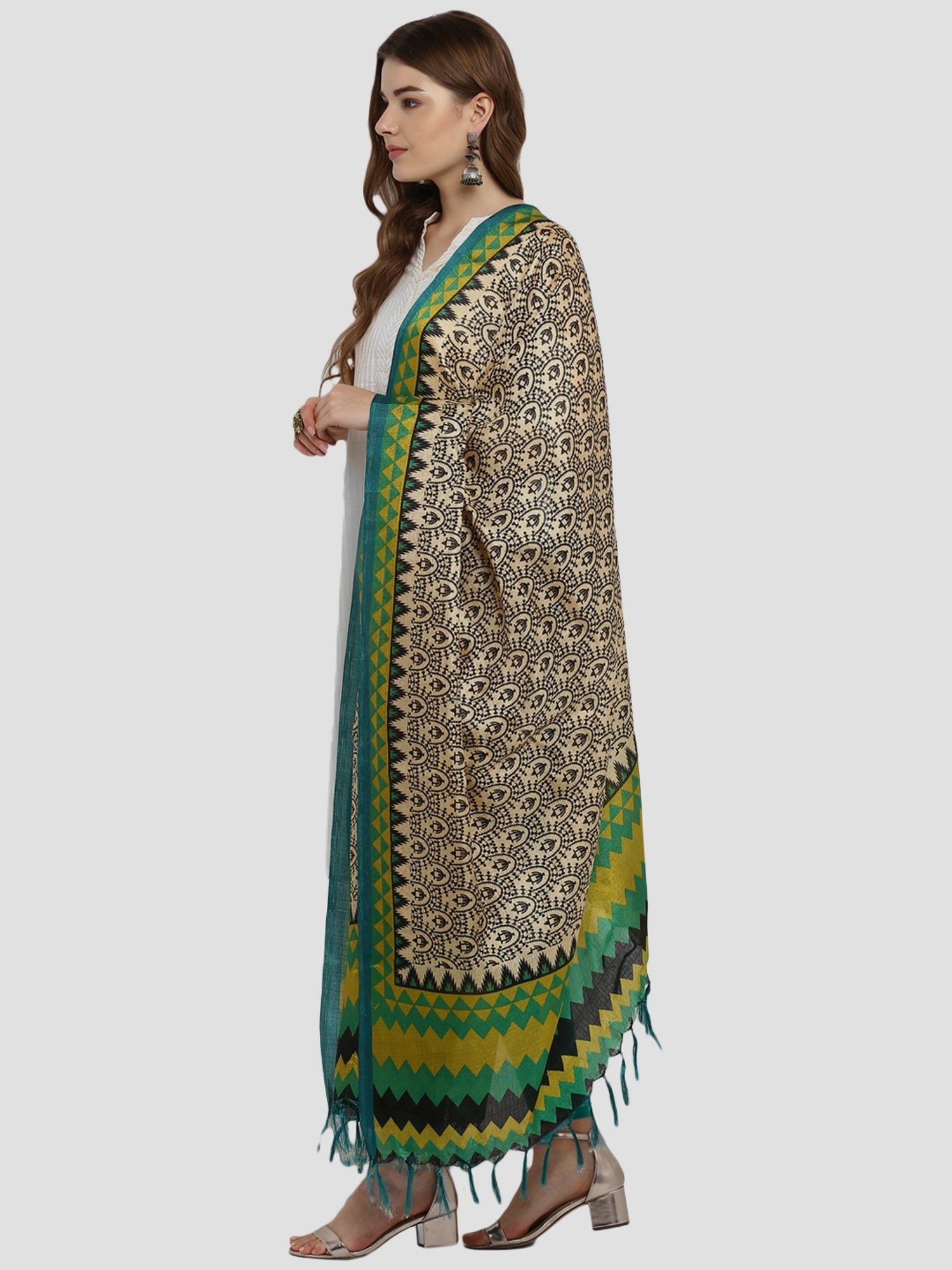 Saree Mall Beige & Green Printed Dupatta