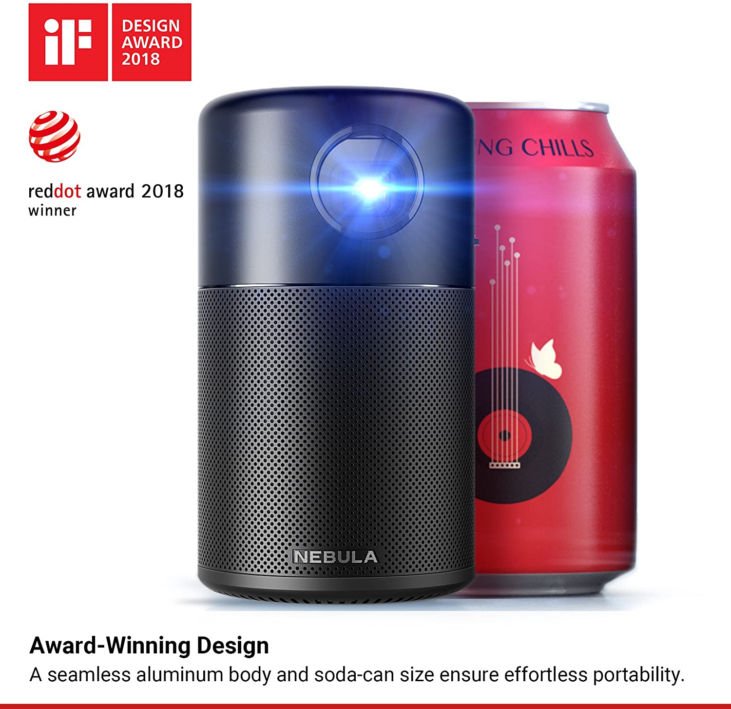 Nebula Capsule, by Anker, Smart Portable Wi-Fi Mini Projector, 100 ANSI lm Pocket Cinema, DLP, 360&deg; Speaker, 100" Picture, 4-Hour Video Playtime, and App-Watch Anywhere