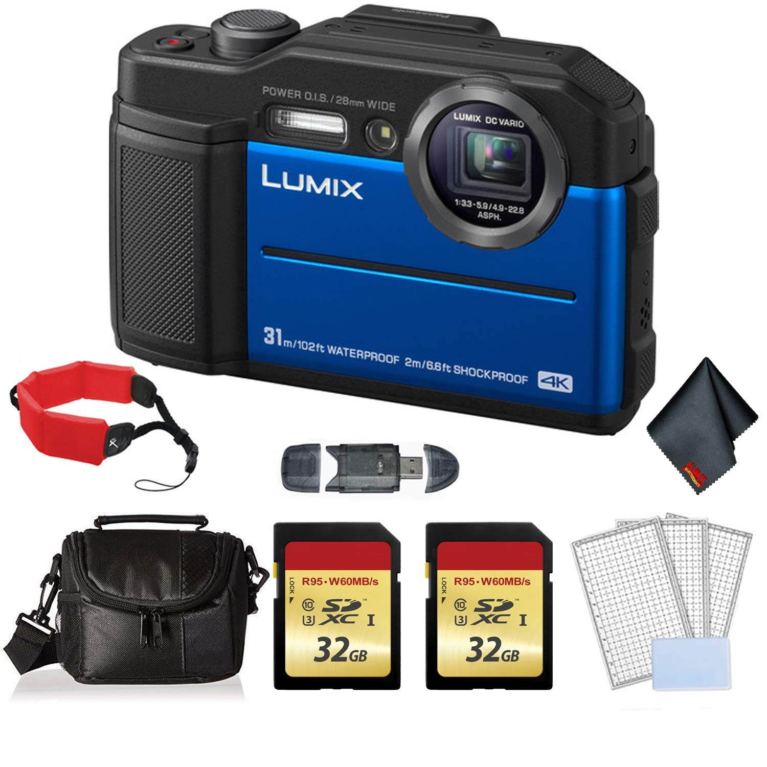 Panasonic Lumix Waterproof Digital Camera (Blue)- Bundle with 2x 32 GB Memory cards + Floating Wrist Strap + LCD Screen Protectors and MORE