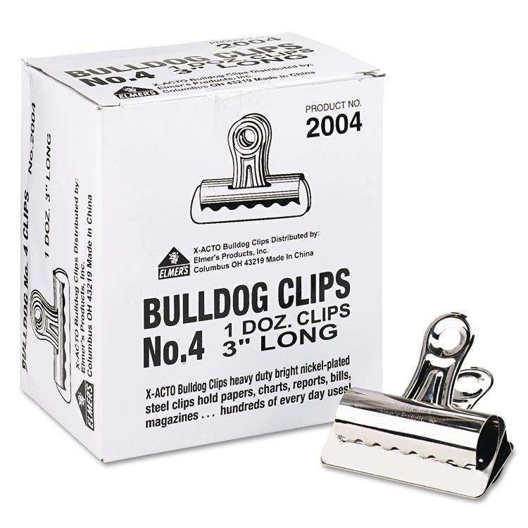 X-Acto Bulldog Clips Steel 1" Capacity 3"w Nickel-Plated 12 per Box 2004