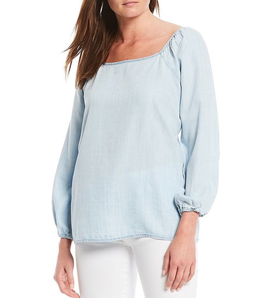 Reba Chambray Square Neck 3/4 Blouson Sleeve Peasant Top