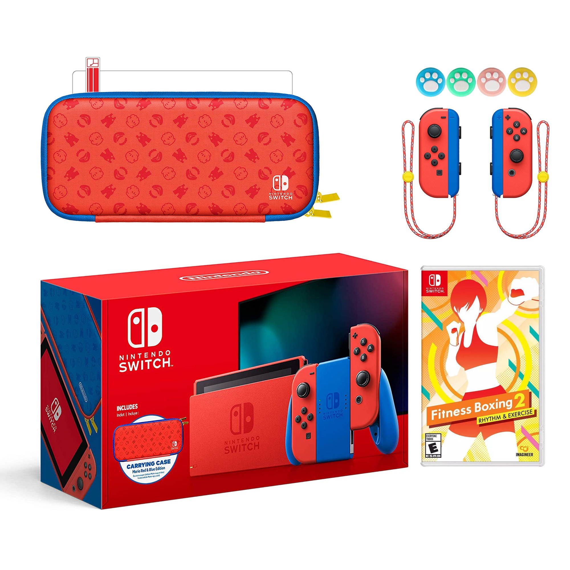 2021 New Nintendo Switch Mario Red & Blue Limited Edition with Mario Iconography Carrying Case and Screen Protector Bundle With Fitness Boxing 2: Rhythm & Exercise And Mytrix Joystick Caps