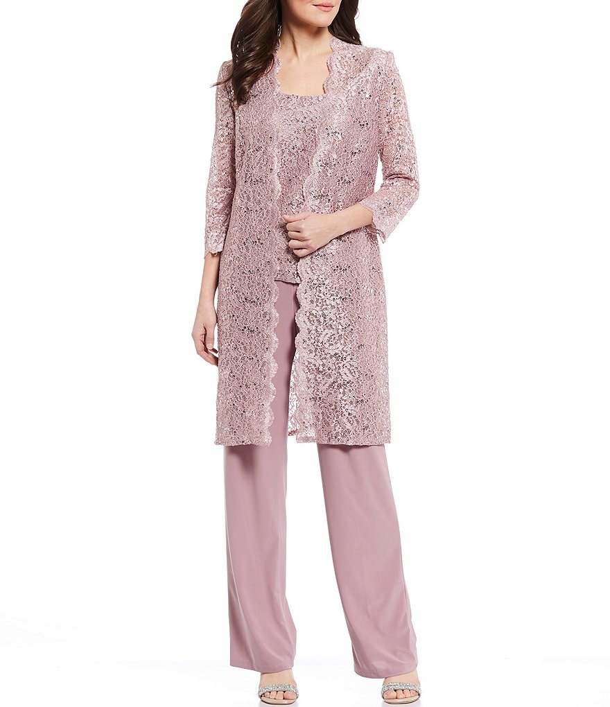 R & M Richards 3-Piece Sequin Glitter Scallop Lace Duster Pant Set