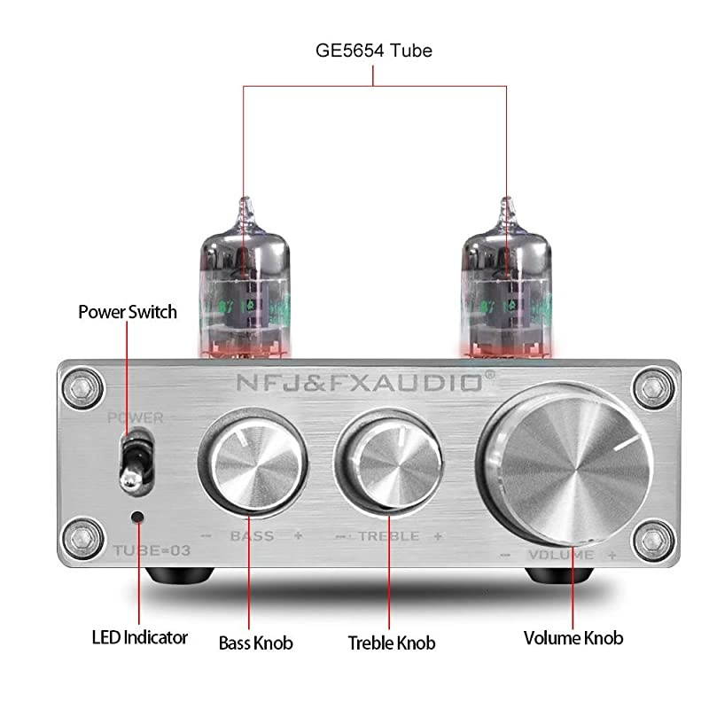 TUBE03 Tube Preamp GE5654 Tube HiFi Tube Preamplifier with Bass Treble Control Home Theater Stereo Audio Preamplifier DC 12V Silver