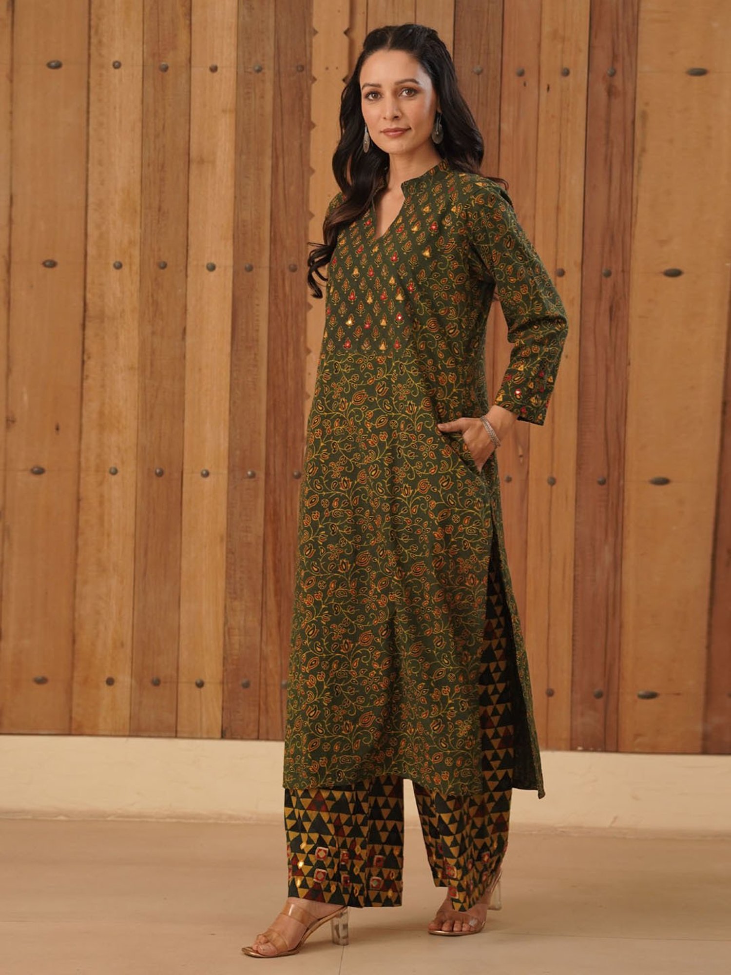 Love Chic Ajrakh Flare Kurta with side slits and 3/4th sleeves