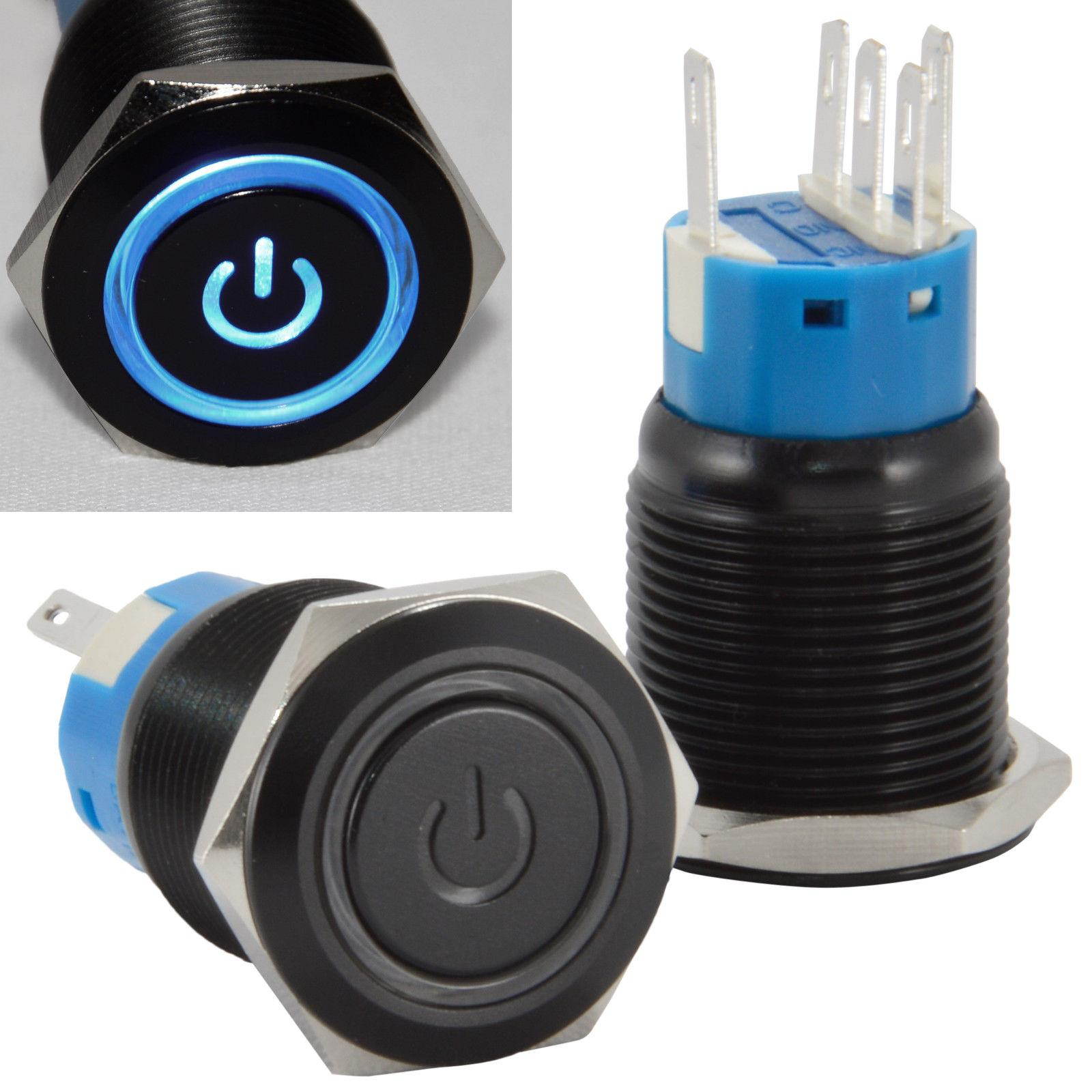 19mm 12V Latching Push Button Power Switch Black Metal Blue LED Waterproof