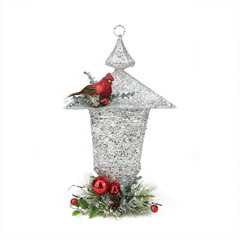 Sterling 16" Silver and Red Sparkling Pre-Lit Glittered Christmas Lantern Decor