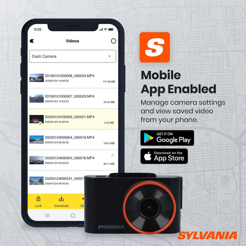 Sylvania Roadsight Plus Dash HD 1296p Camera with 130 Degree View, Hit Collision Detection, Night Vision, and Mobile App Enabled, Black