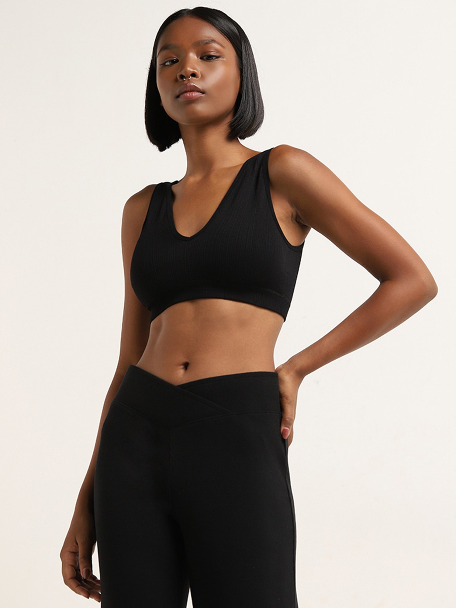 Superstar by Westside Black Ribbed Textured Plunge Bra