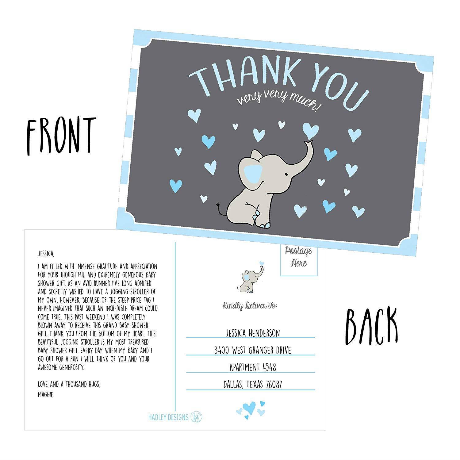 50 4x6 Elephant Boy Baby Shower Thank You Postcards Bulk, Beautiful Modern Cute Boho Blue Blank Thanks Note Card Stationery Appreciation Set