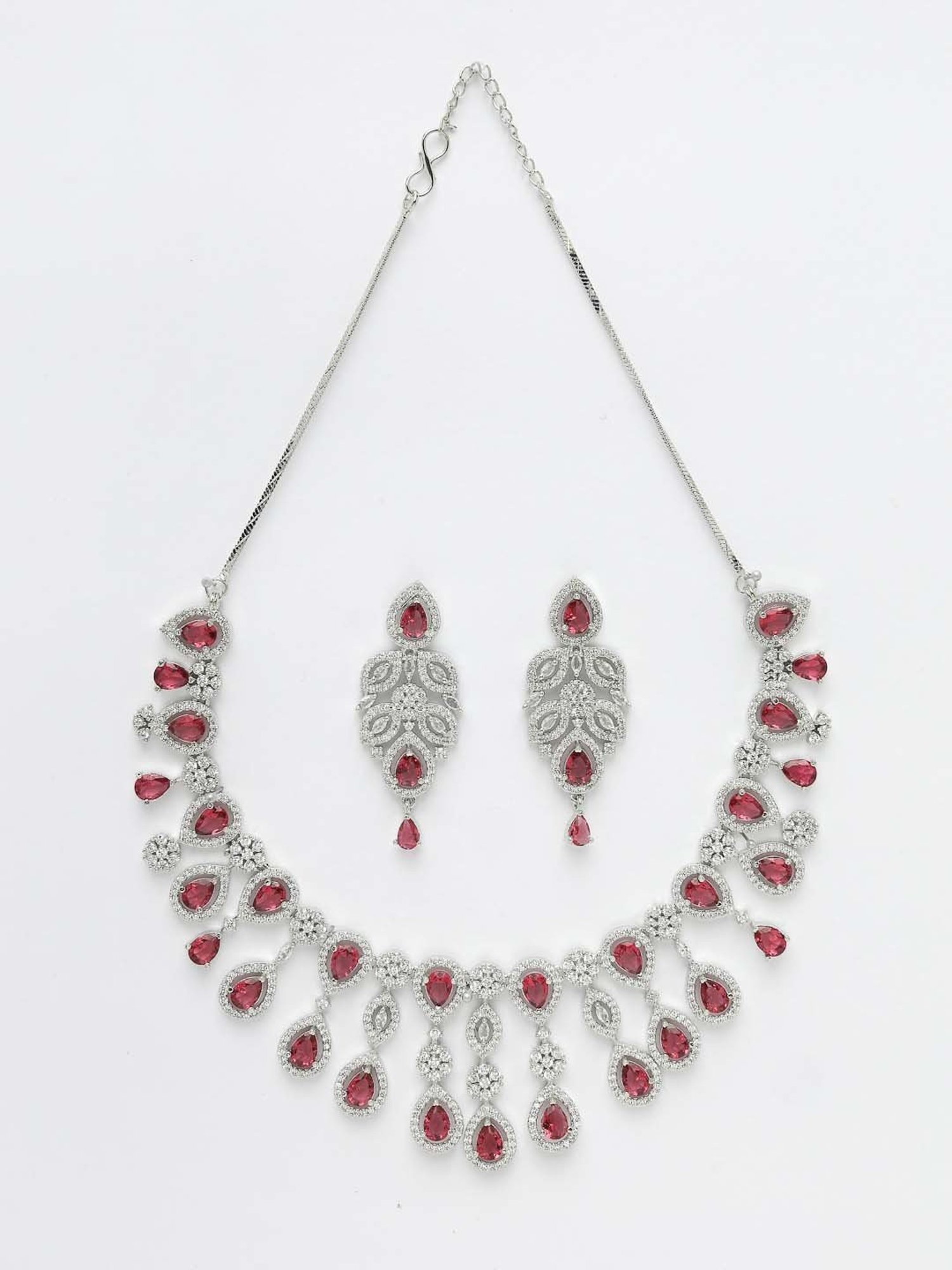 NVR Silver Plated Maroon CZ Stone Handcrafted Jewellery Set For Women