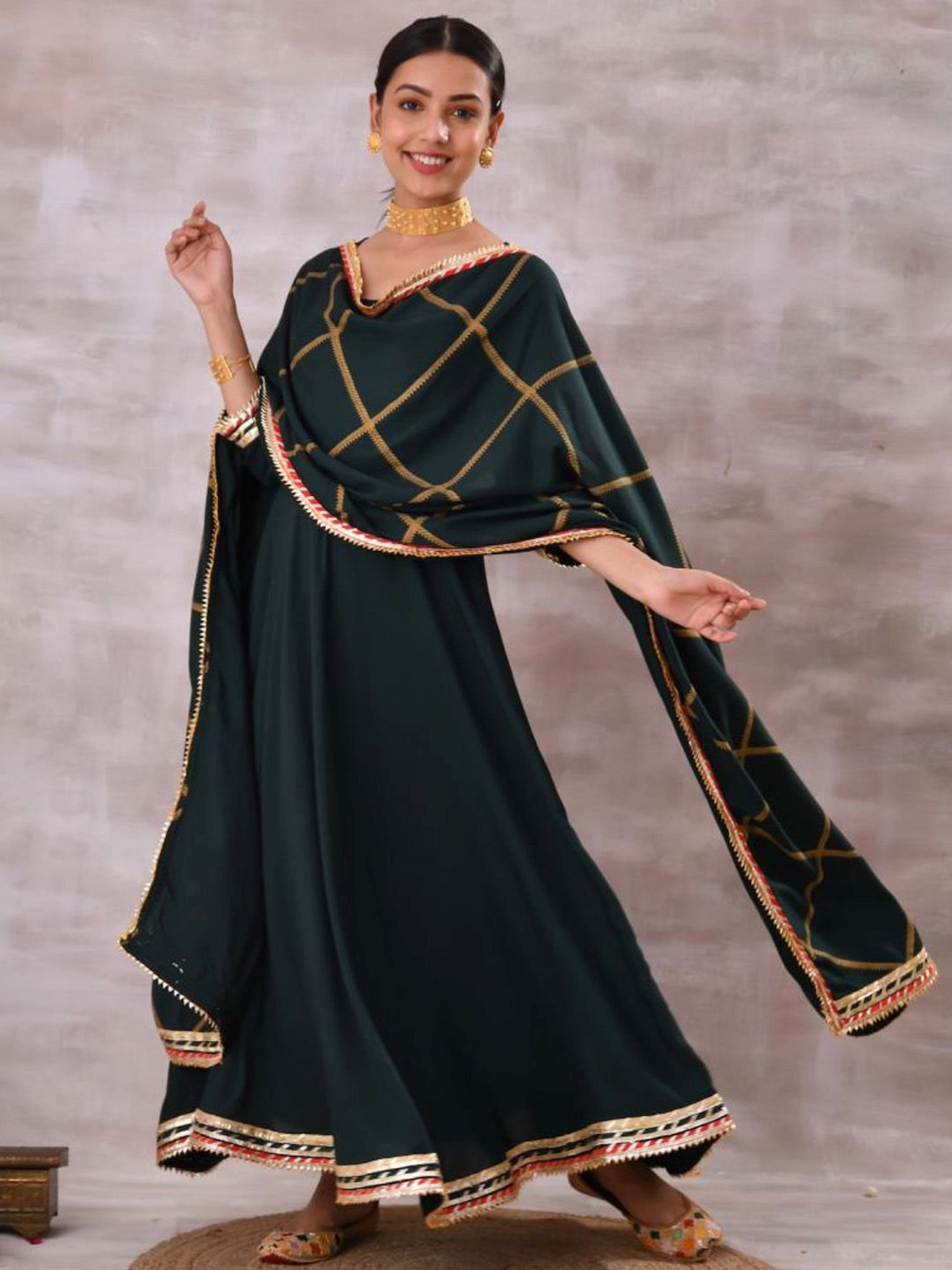 Rustorange Emerald Green Printed Kurta Dress with Dupatta