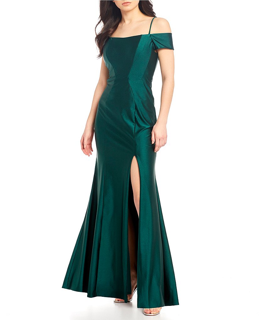 Morgan & Co. Off-the-Shoulder Cap-Sleeve Side Slit Seamed Long Dress