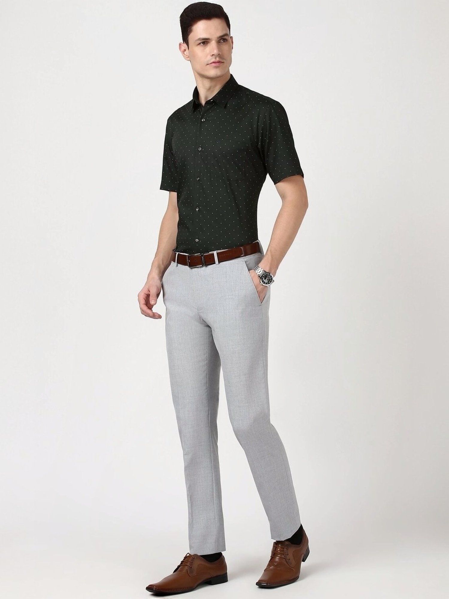 Peter England Grey Slim Fit Texture Trousers