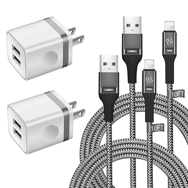 iPhone Charger Cable 10 FT with Wall Plug Braided Long iPhone Charging Cord + Dual USB Wall Charger Block Adapter Compatible with iPhone 121111 Pro MaxXSXRX876 Plus iPad 4Pack
