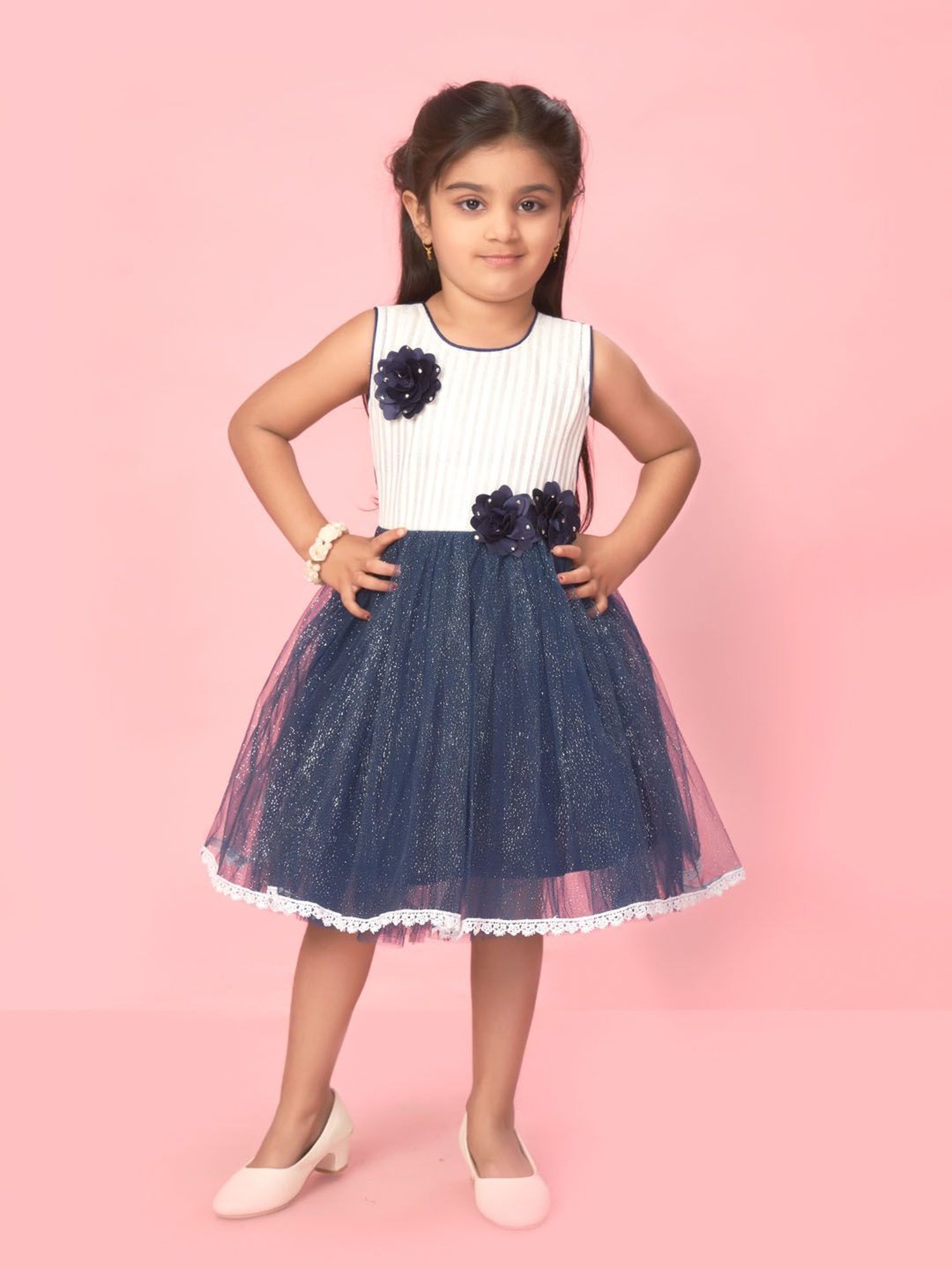 Aarika Kids White & Navy Applique Frock
