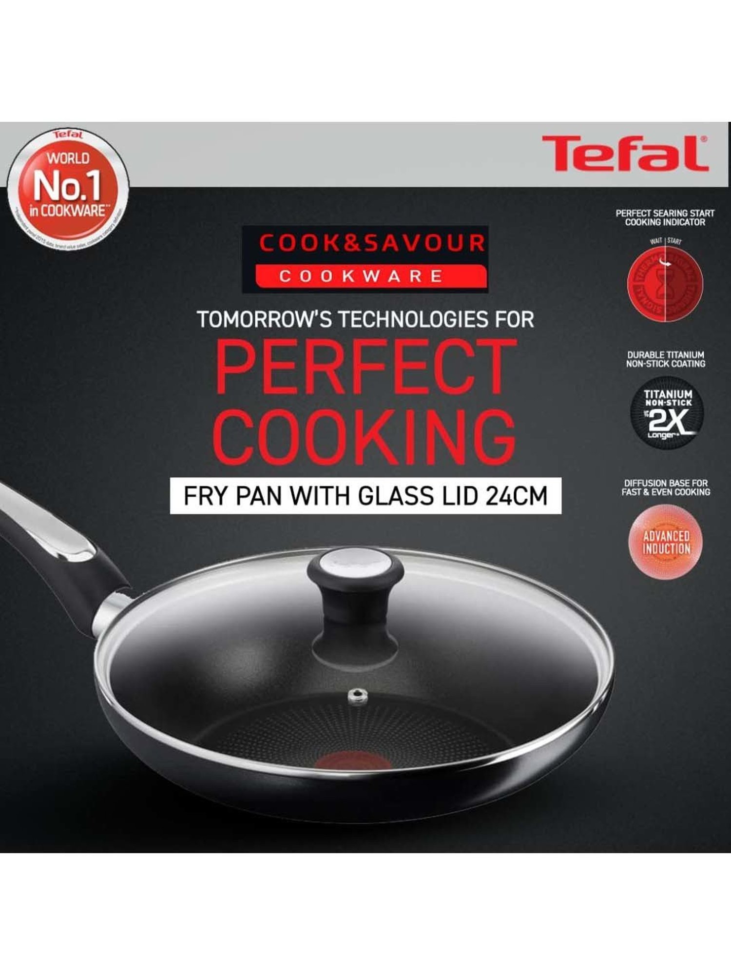 Tefal Delicia Poweglide Black Aluminium 24 cm Non-Stick Fry Pan With Glass Lid (1 L)