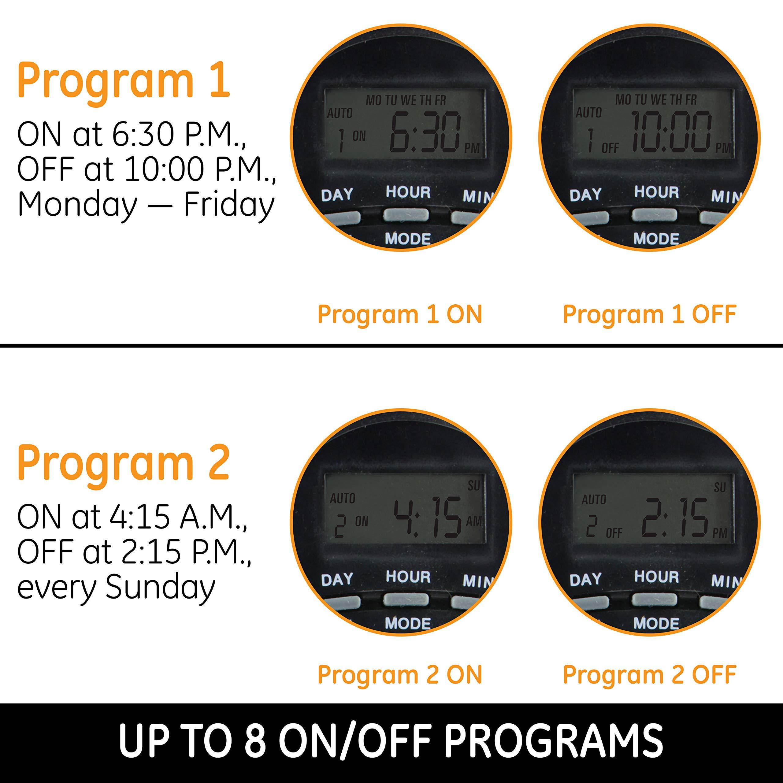 GE 7-Day Programmable Power Strip with Digital Timer, 8 Grounded Outlets (4 Timed / 4 Always On), Indoor, 15 Amp, 1800W, Easy Presets and Custom Settings for Weekly Cycle, Minute Intervals, 15077