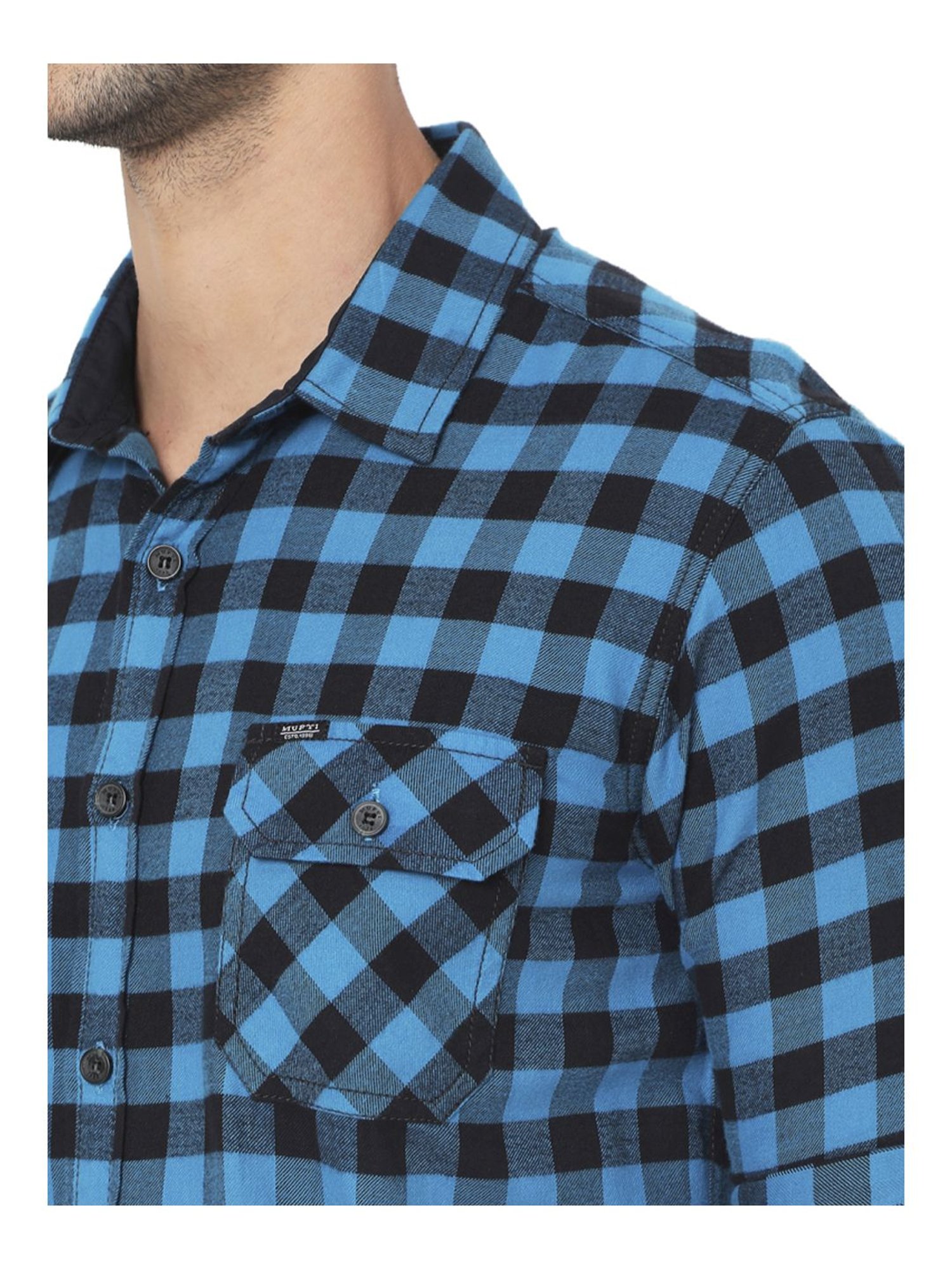 Mufti Blue & Black Cotton Slim Fit Checks Shirt