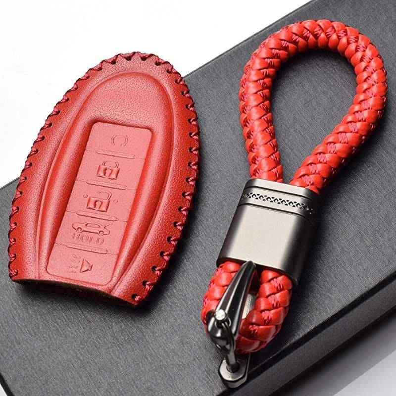 Leather Keyless Entry Remote Control Smart Key Case Cover with a Key Chain for Nissan Infiniti 5 Buttons Red