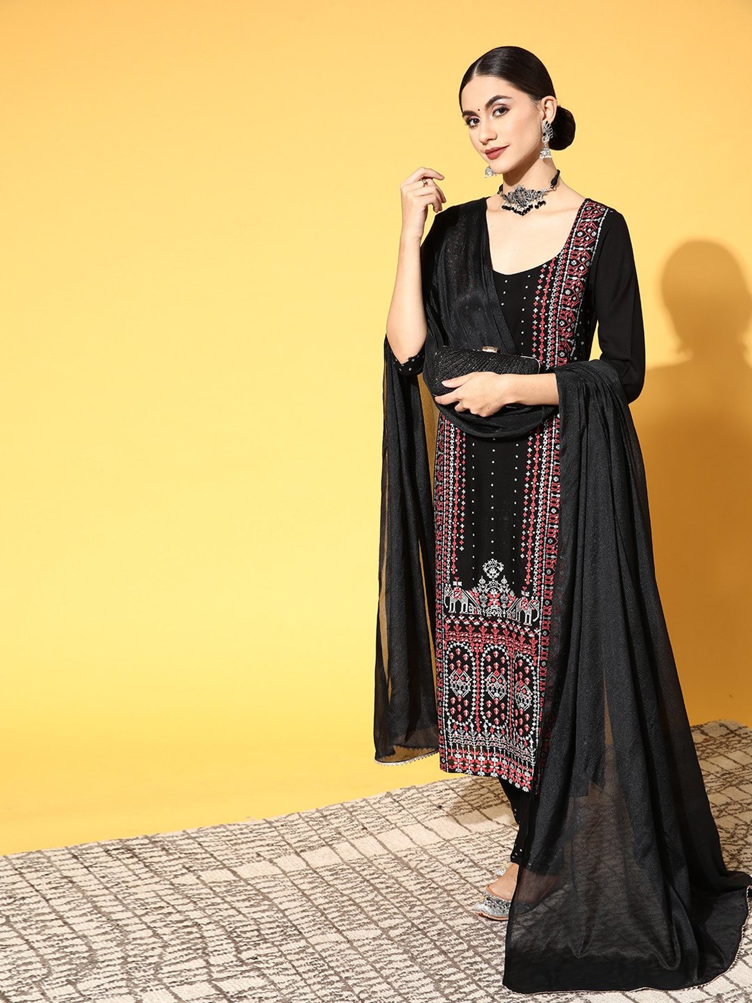 PANIT Black Printed Kurta With Pant & Dupatta Set