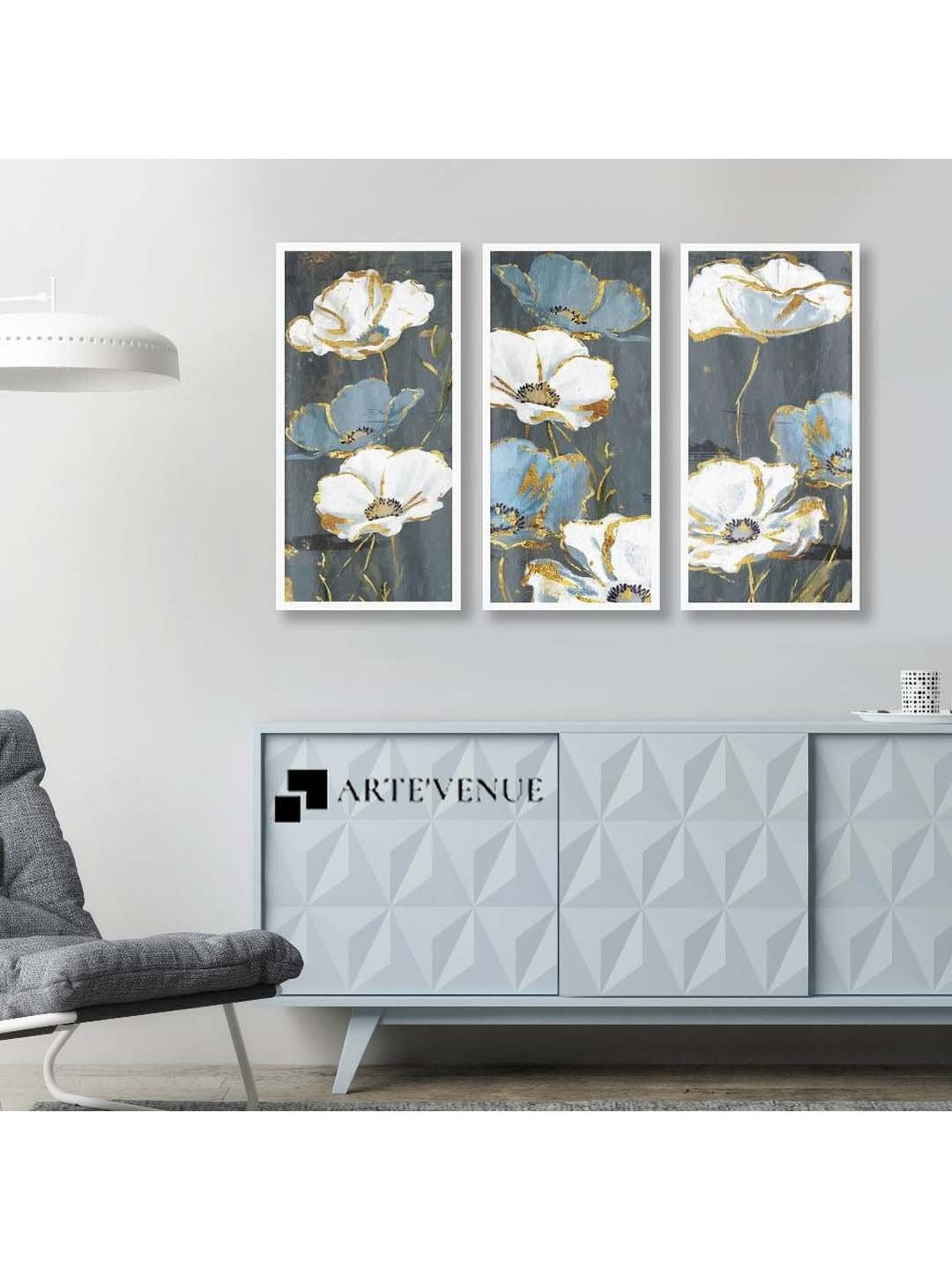 ARTE'VENUE Floral Shine Grey & White Canvas Wall Arts - Set of 2 (11 X 21 inch Each)