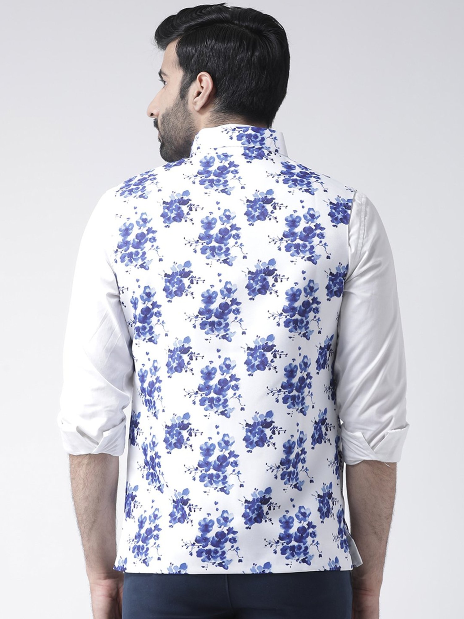 Hangup Plus White & Blue Regular Fit Printed Nehru Jacket
