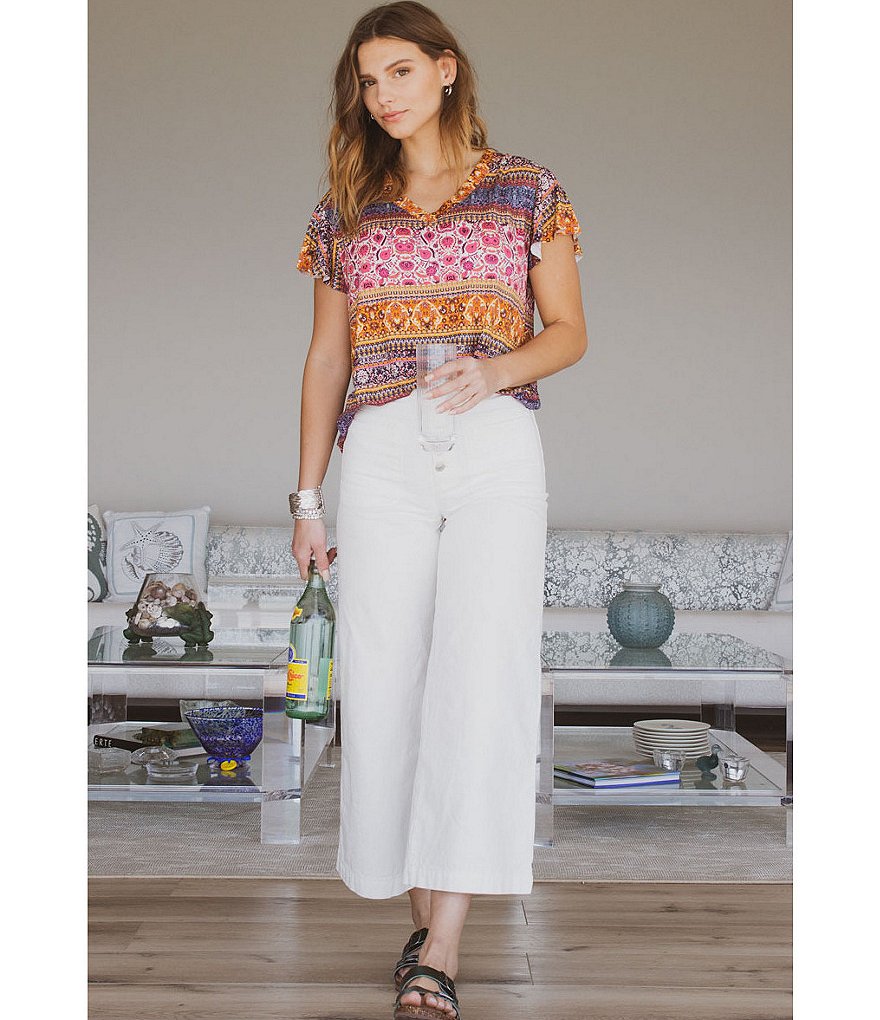 One World Apparel Multi Geo Print Slub Knit V-Neck Flutter Sleeve Drop Shoulder Top