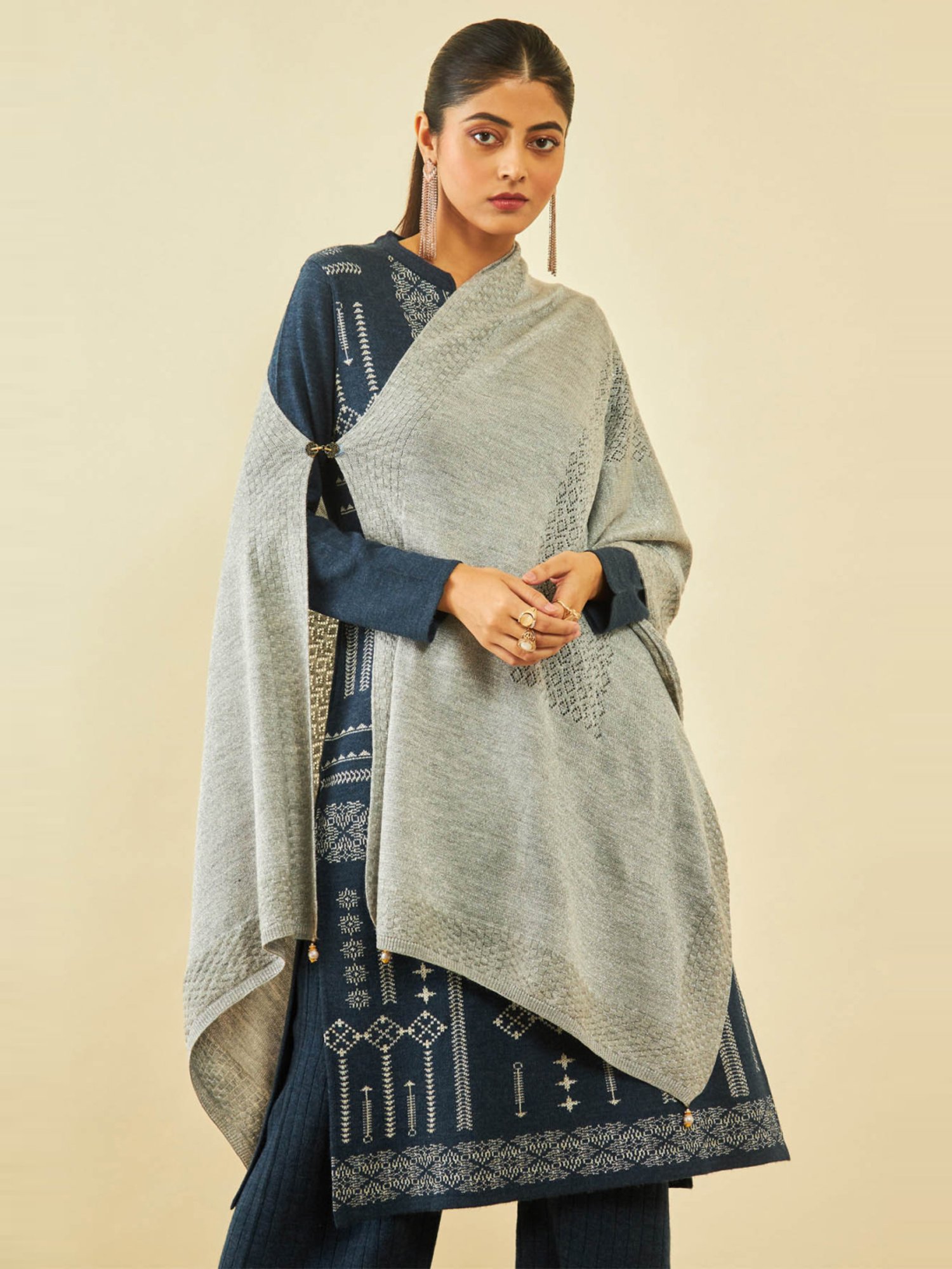 Soch Grey Acrylic Shimmery Pointelle Knit Shawl with Beaded Tassels