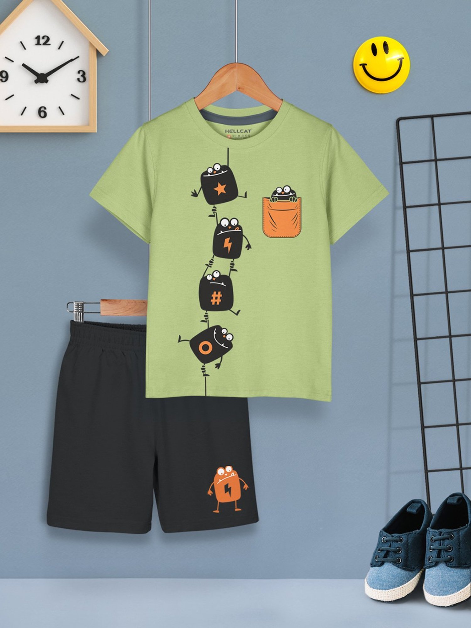 HELLCAT Kids Green & Black Printed T-Shirt with Shorts