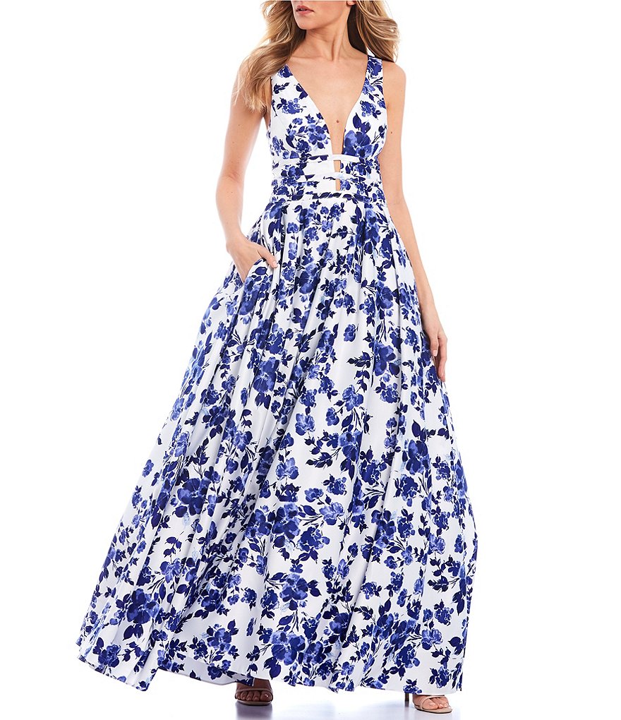 Blondie Nites Sleeveless V-Neck Floral Print Ball Gown