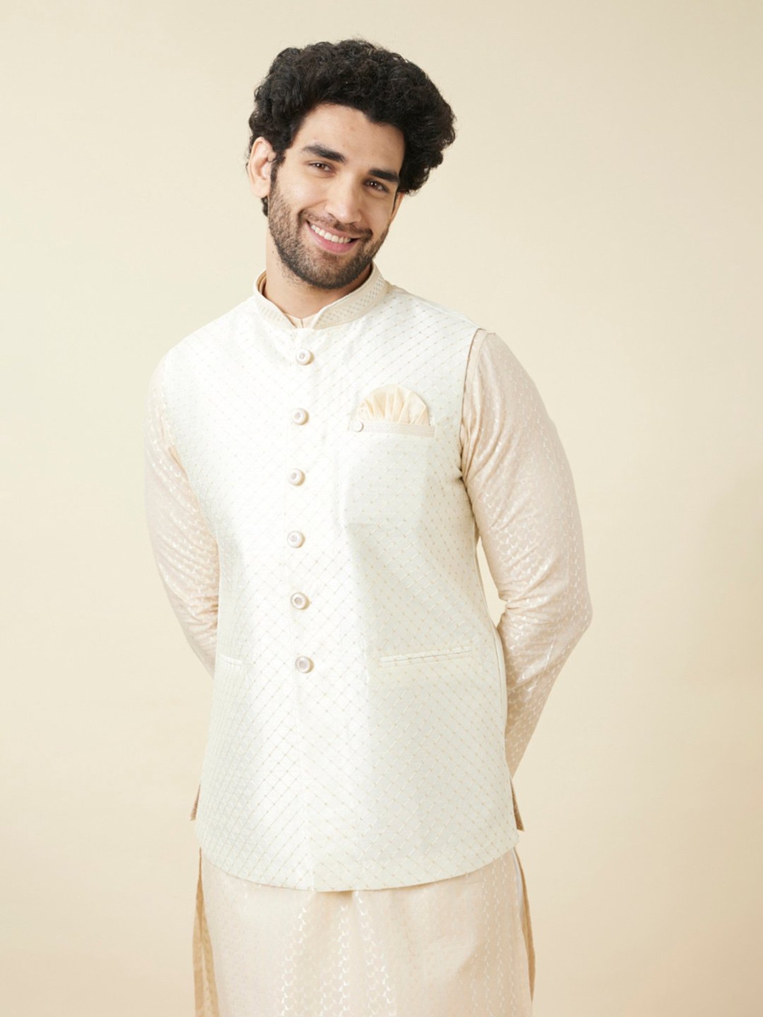 Manyavar Cream Regular Fit Self Design Nehru Jacket