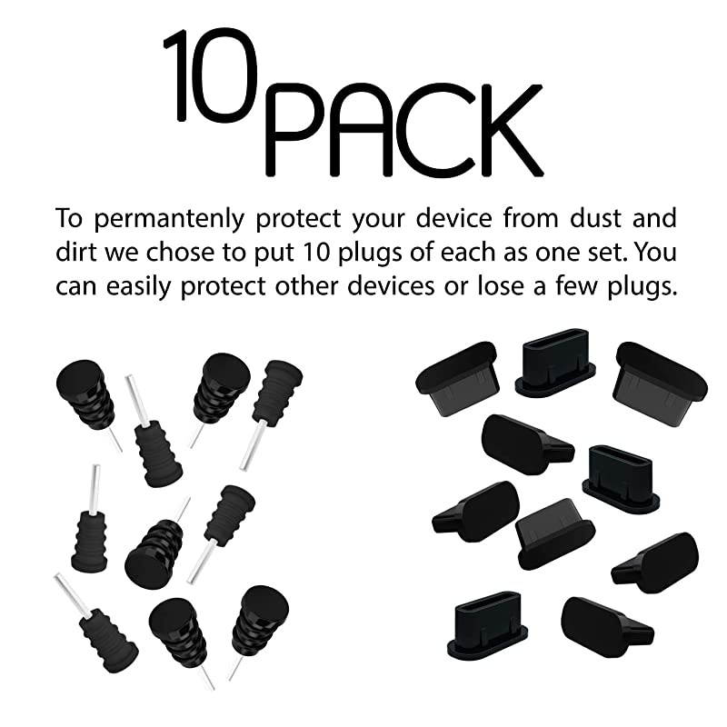 10x Anti Dust Plugs for Smartphone MacBook Laptop | USBC Dust Plug for Samsung Galaxy S8 S9 S10 | Silicone Dust Plug Black