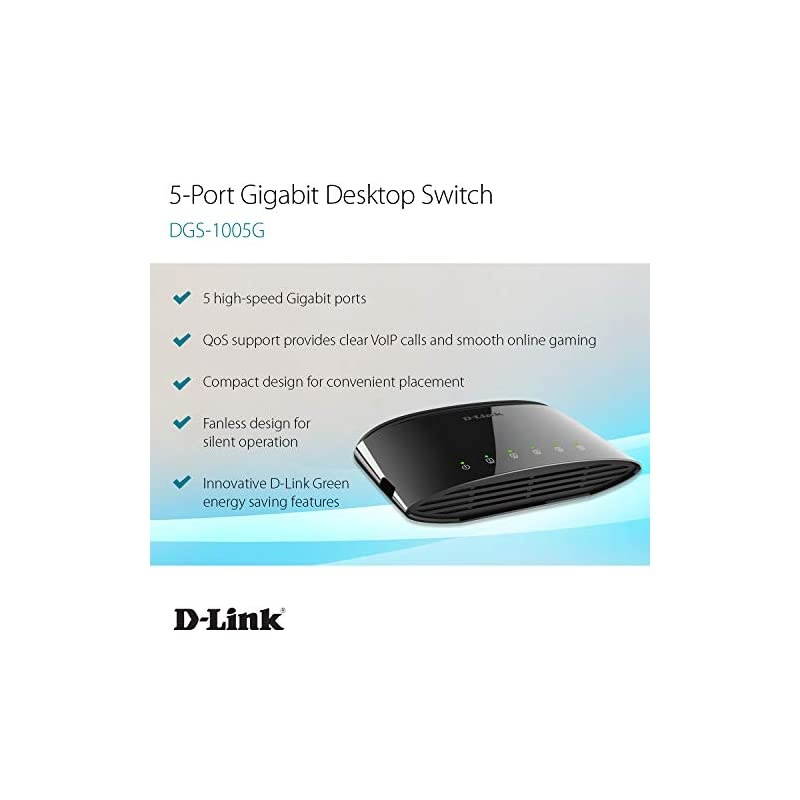 Ethernet Switch, 5-Port Gigabit Plug n Play Compact Design Fanless Desktop Switch (DGS-1005G),Black